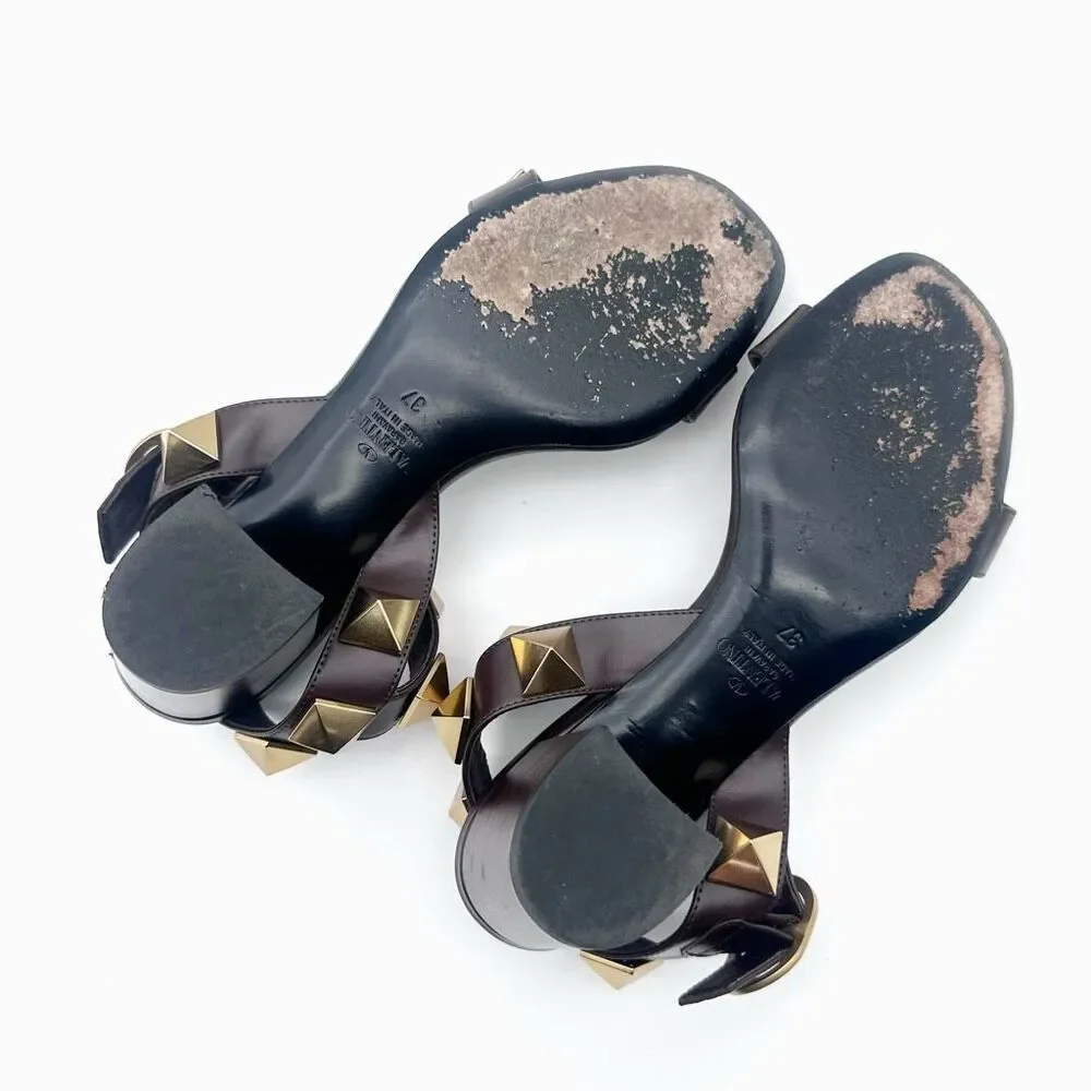 VALENTINO Brown Rockstud Heels Size 37 Sandal Leather Block Heel Ankle Strap